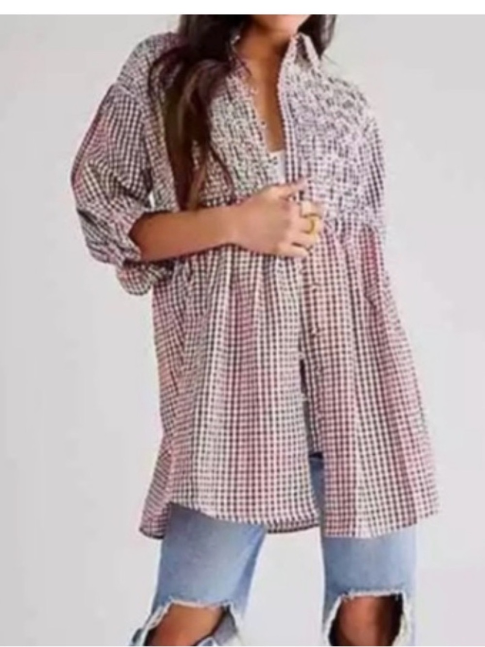 Free People Red & White Gingham Smocked Tunic